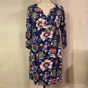 Boden 100% linen blue floral 3/4 sleeve tunic shift dress